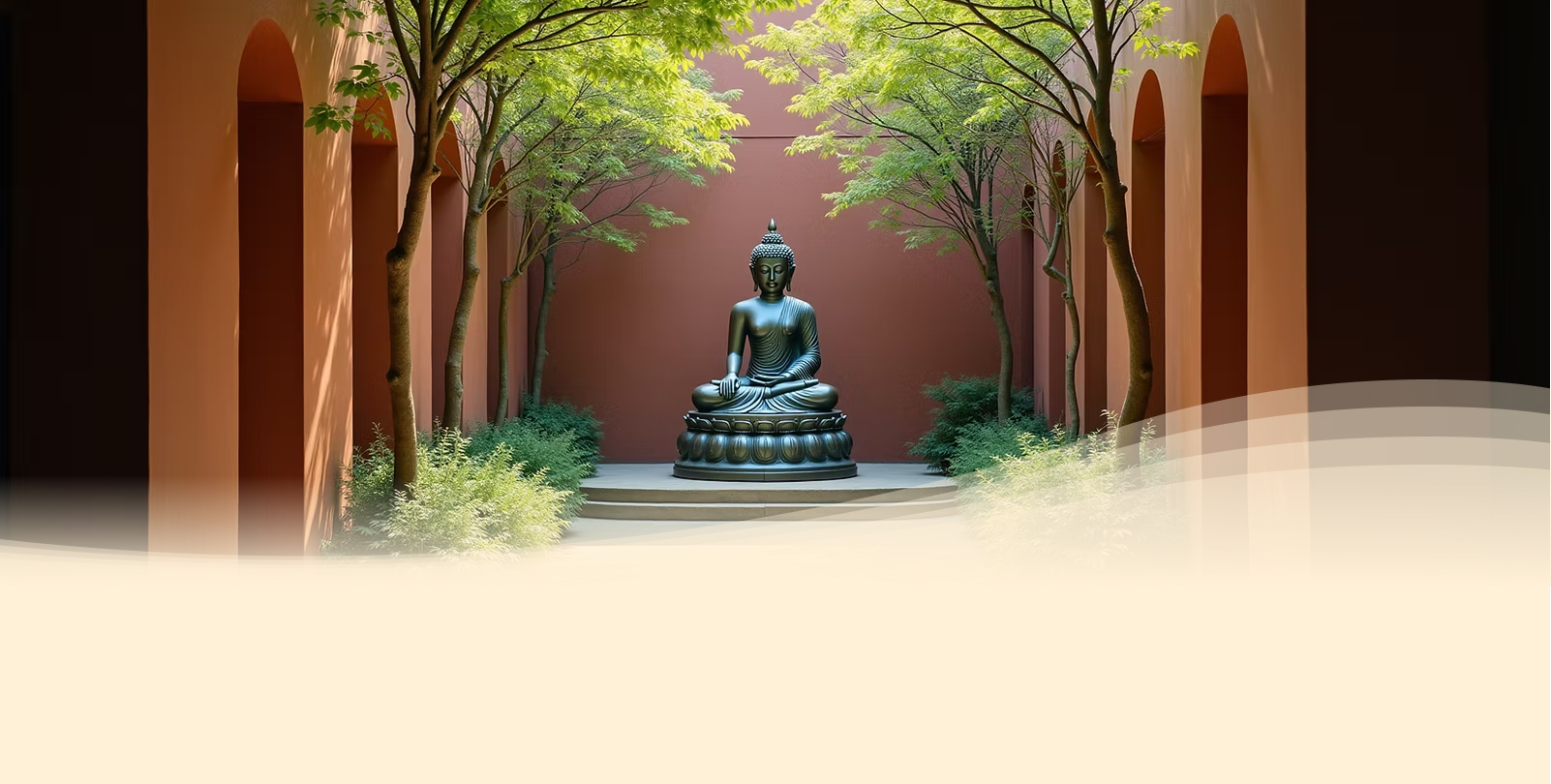 Bronze Buddha statue seated in a tranquil temple courtyard garden